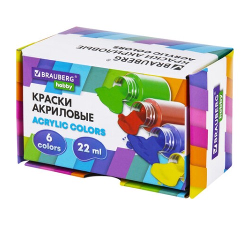 Краски акриловые художественные 6 цветов в банках по 22 мл, BRAUBERG HOBBY, 192409