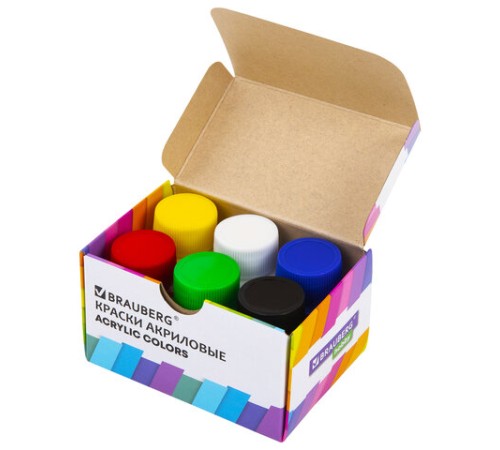 Краски акриловые художественные 6 цветов в банках по 22 мл, BRAUBERG HOBBY, 192409
