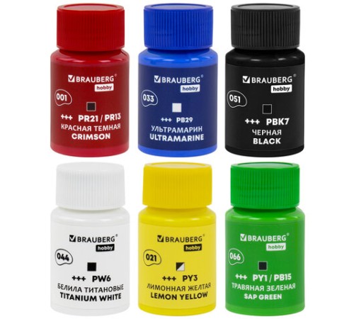 Краски акриловые художественные 6 цветов в банках по 22 мл, BRAUBERG HOBBY, 192409