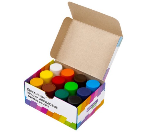 Краски акриловые художественные 12 цветов в банках по 22 мл, BRAUBERG HOBBY, 192410
