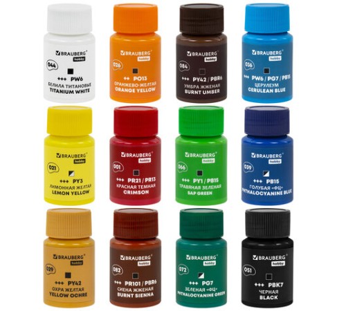 Краски акриловые художественные 12 цветов в банках по 22 мл, BRAUBERG HOBBY, 192410