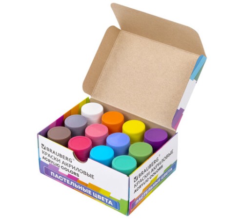Краски акриловые художественные 12 ПАСТЕЛЬНЫХ цветов в банках по 22 мл, BRAUBERG HOBBY, 192411