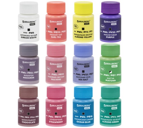 Краски акриловые художественные 12 ПАСТЕЛЬНЫХ цветов в банках по 22 мл, BRAUBERG HOBBY, 192411