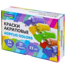 Краски акриловые художественные 24 шт., 21 цвет в банках по 22 мл, BRAUBERG HOBBY, 192412