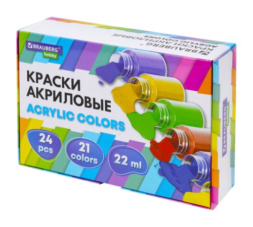 Краски акриловые художественные 24 шт., 21 цвет в банках по 22 мл, BRAUBERG HOBBY, 192412