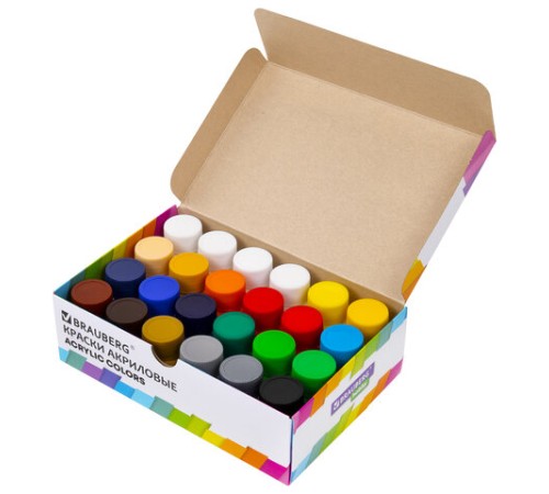 Краски акриловые художественные 24 шт., 21 цвет в банках по 22 мл, BRAUBERG HOBBY, 192412