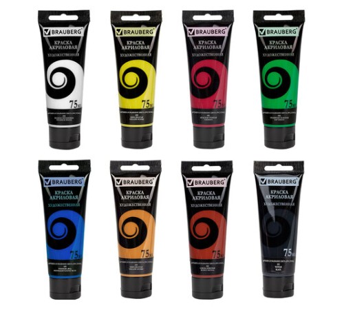 Краски акриловые художественные матовые 8 цветов в тубах по 75 мл, BRAUBERG ART DEBUT, 192418