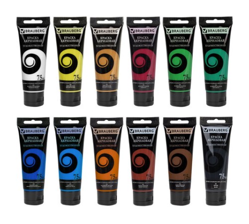 Краски акриловые художественные матовые 12 цветов в тубах по 75 мл, BRAUBERG ART DEBUT, 192419