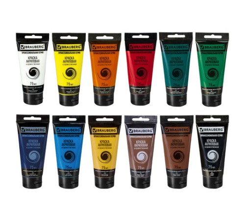 Краски акриловые художественные глянцевые 12 цветов в тубах по 75 мл, BRAUBERG ART CLASSIC, 192426