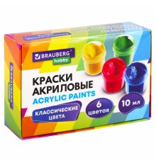 Краски акриловые для рисования и творчества 6 цветов по 10 мл, BRAUBERG HOBBY, 192432