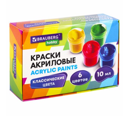 Краски акриловые для рисования и творчества 6 цветов по 10 мл, BRAUBERG HOBBY, 192432