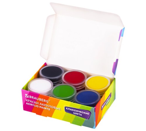 Краски акриловые для рисования и творчества 6 цветов по 10 мл, BRAUBERG HOBBY, 192432