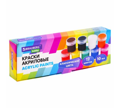 Краски акриловые для рисования и творчества 12 цветов по 10 мл, BRAUBERG HOBBY, 192433