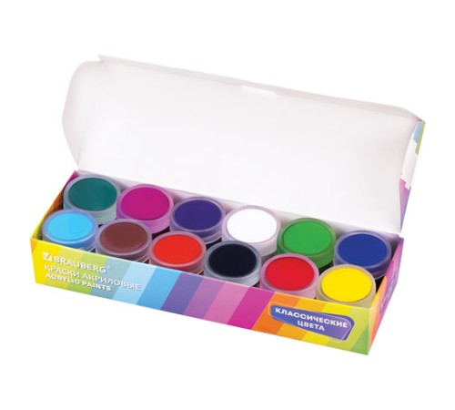 Краски акриловые для рисования и творчества 12 цветов по 10 мл, BRAUBERG HOBBY, 192433