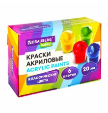 Краски акриловые для рисования и творчества 6 цветов по 20 мл, BRAUBERG HOBBY, 192434