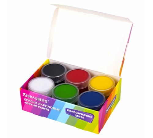 Краски акриловые для рисования и творчества 6 цветов по 20 мл, BRAUBERG HOBBY, 192434