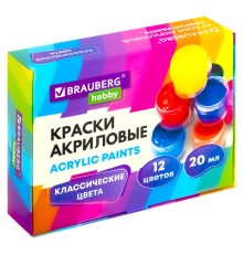 Краски акриловые для рисования и творчества 12 цветов по 20 мл, BRAUBERG HOBBY, 192435