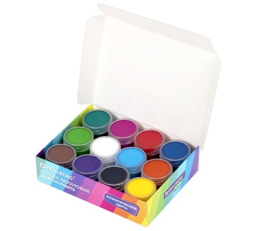 Краски акриловые для рисования и творчества 12 цветов по 20 мл, BRAUBERG HOBBY, 192435