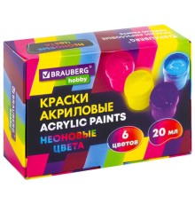 Краски акриловые НЕОНОВЫЕ для рисования и творчества 6 цветов по 20 мл, BRAUBERG HOBBY, 192438