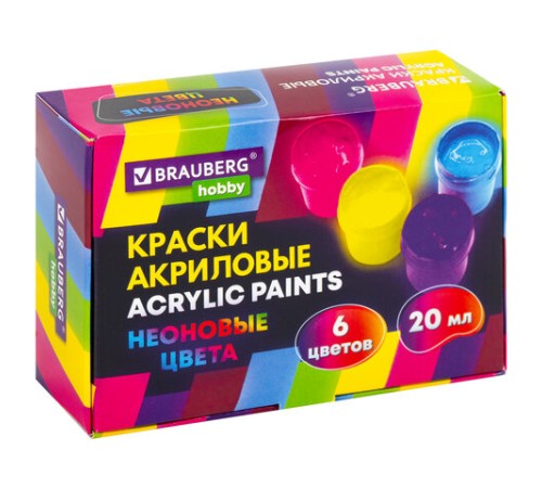 Краски акриловые НЕОНОВЫЕ для рисования и творчества 6 цветов по 20 мл, BRAUBERG HOBBY, 192438