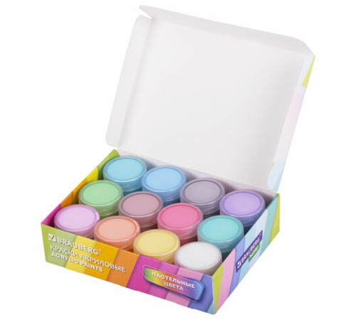 Краски акриловые ПАСТЕЛЬНЫЕ для рисования и творчества 12 цветов по 20 мл, BRAUBERG HOBBY, 192440