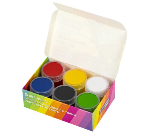 Краски акриловые по ткани 6 цветов по 20 мл, BRAUBERG HOBBY, 192441