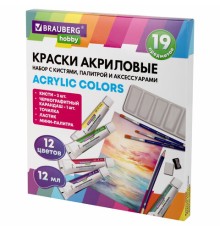Краски акриловые художественные 12 цветов в тубах по 12 мл, кисти 3 шт., палитра, аксессуары, 19 предметов, BRAUBERG HOBBY, 192543