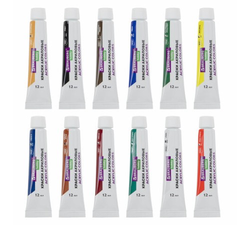 Краски акриловые художественные 12 цветов в тубах по 12 мл, кисти 3 шт., палитра, аксессуары, 19 предметов, BRAUBERG HOBBY, 192543