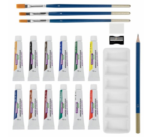 Краски акриловые художественные 12 цветов в тубах по 12 мл, кисти 3 шт., палитра, аксессуары, 19 предметов, BRAUBERG HOBBY, 192543