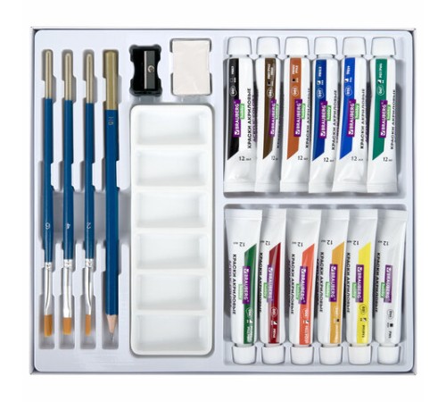 Краски акриловые художественные 12 цветов в тубах по 12 мл, кисти 3 шт., палитра, аксессуары, 19 предметов, BRAUBERG HOBBY, 192543