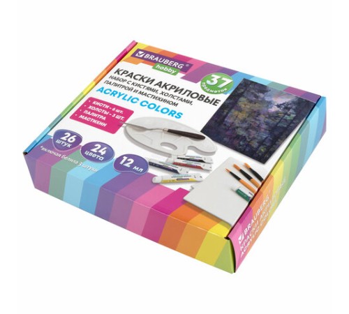 Краски акриловые художественные 26 шт. по 12 мл, холсты 3 шт., кисти 6 шт., аксессуары, 37 предметов, BRAUBERG HOBBY, 192544