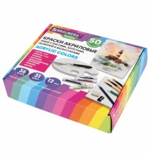Краски акриловые художественные 36 шт. по 12 мл, холсты 3 шт., кисти 6 шт., аксессуары, 50 предметов, BRAUBERG HOBBY, 192545