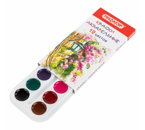 Краски акварельные ПИФАГОР 12 цветов, медовые, круглые кюветы, 192549