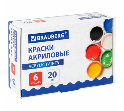 Краски акриловые для рисования и творчества 6 цветов по 20 мл, BRAUBERG, 192562