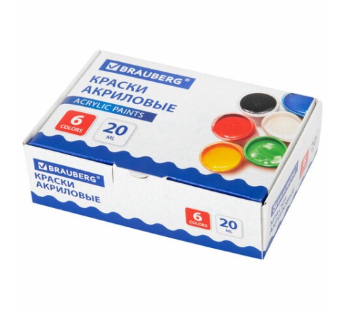 Краски акриловые для рисования и творчества 6 цветов по 20 мл, BRAUBERG, 192562