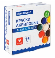 Краски акриловые для рисования и творчества 9 цветов по 15 мл, BRAUBERG, 192563