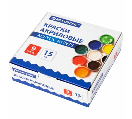 Краски акриловые для рисования и творчества 9 цветов по 15 мл, BRAUBERG, 192563