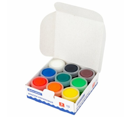 Краски акриловые для рисования и творчества 9 цветов по 15 мл, BRAUBERG, 192563