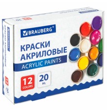 Краски акриловые для рисования и творчества 12 цветов по 20 мл, BRAUBERG, 192564