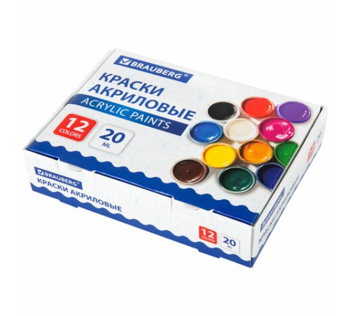 Краски акриловые для рисования и творчества 12 цветов по 20 мл, BRAUBERG, 192564
