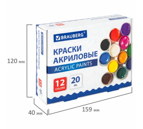 Краски акриловые для рисования и творчества 12 цветов по 20 мл, BRAUBERG, 192564