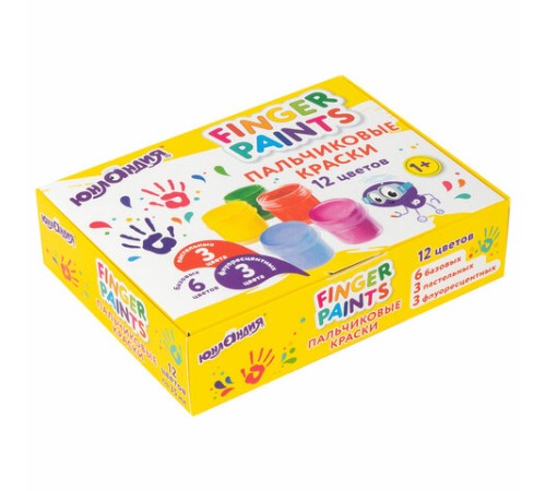 Краски пальчиковые для малышей от 1 года, 12 цветов (6 базовых + 3 пастельных + 3 флуоресцентных) по 35 мл, ЮНЛАНДИЯ, 192570