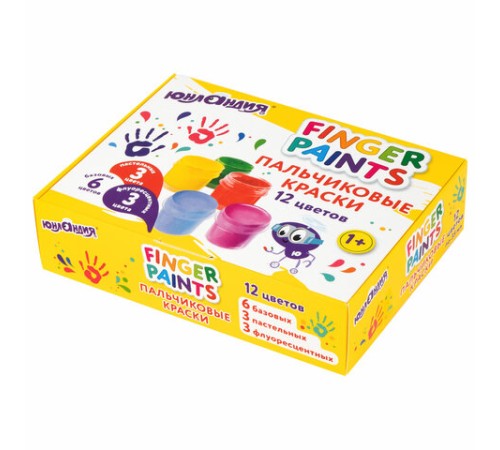 Краски пальчиковые для малышей от 1 года, 12 цветов (6 базовых + 3 пастельных + 3 флуоресцентных) по 35 мл, ЮНЛАНДИЯ, 192570