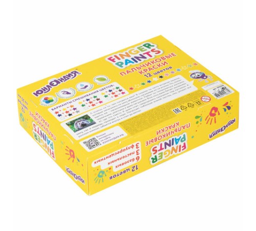 Краски пальчиковые для малышей от 1 года, 12 цветов (6 базовых + 3 пастельных + 3 флуоресцентных) по 35 мл, ЮНЛАНДИЯ, 192570