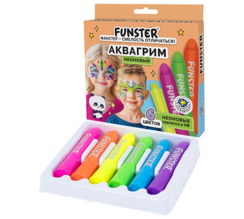 Аквагрим для лица и тела, 6 НЕОНОВЫХ цветов, FUNSTER (ФАНСТЕР), легко смываются, 192573