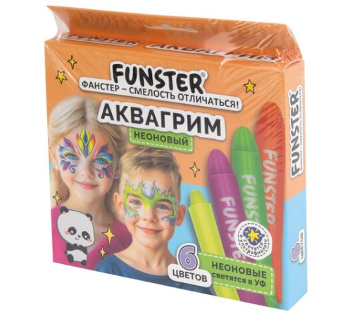 Аквагрим для лица и тела, 6 НЕОНОВЫХ цветов, FUNSTER (ФАНСТЕР), легко смываются, 192573