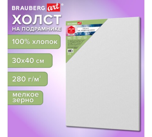 Холст на подрамнике BRAUBERG ART BASIC, 30х40 см, 280 г/м2, хлопок, мелкое зерно, грунт, 192666