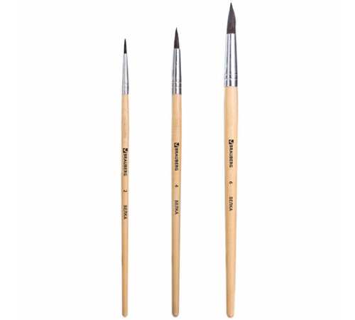 Кисти BRAUBERG, набор 3 шт. (белка, круглые № 2, 4, 6), блистер, 200216