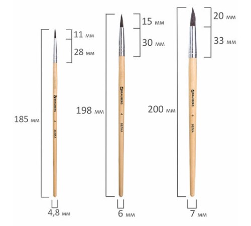 Кисти BRAUBERG, набор 3 шт. (белка, круглые № 2, 4, 6), блистер, 200216