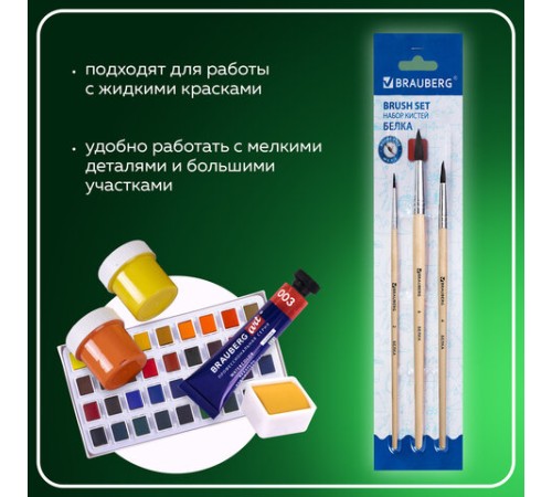 Кисти BRAUBERG, набор 3 шт. (белка, круглые № 2, 4, 6), блистер, 200216